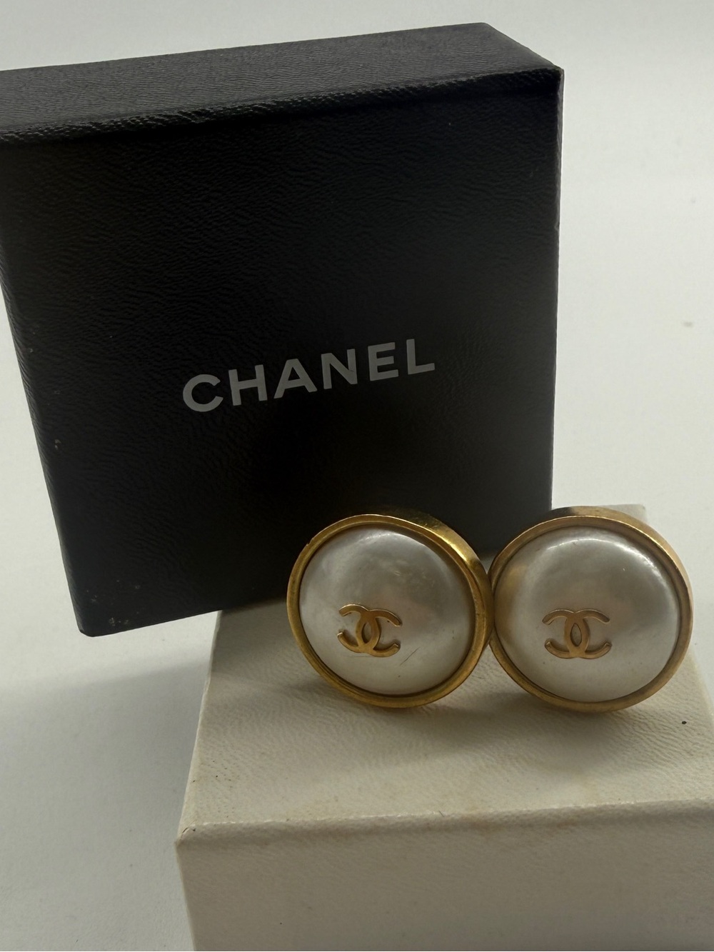 CHANEL Gold-Tone CC Pearl Button Clip Hair Accessories in White